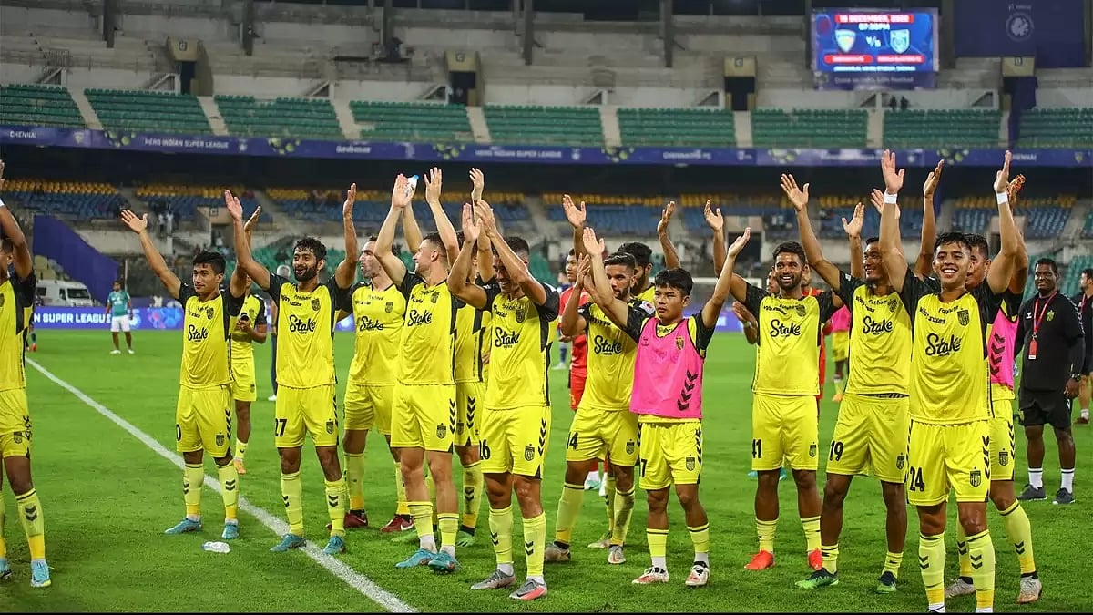 Hyderabad FC celebrate after a 3-1 win over Chennaiyin.