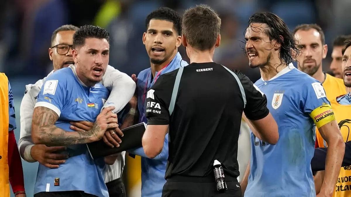 Uruguay players confronted the German referee Daniel Siebert after the final whistle.