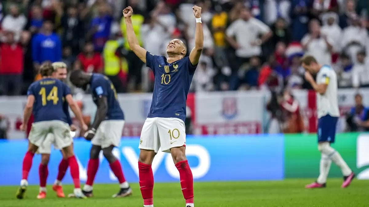 Mbappe, centre, celebrates France's victory against England on Saturday.
