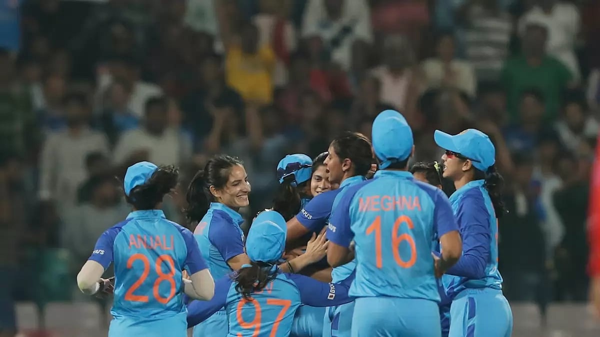 India Women celebrate after winning the match against Australia in Super Over.