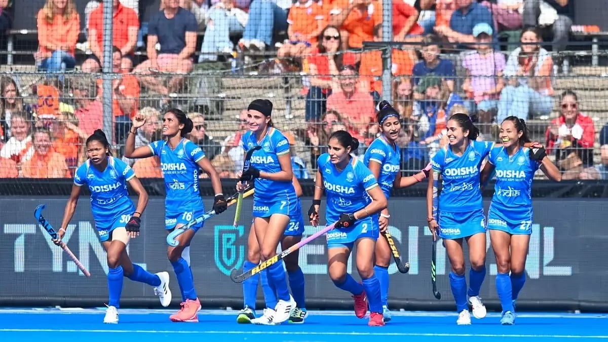 India players celebrate a goal against Chile on Sunday.