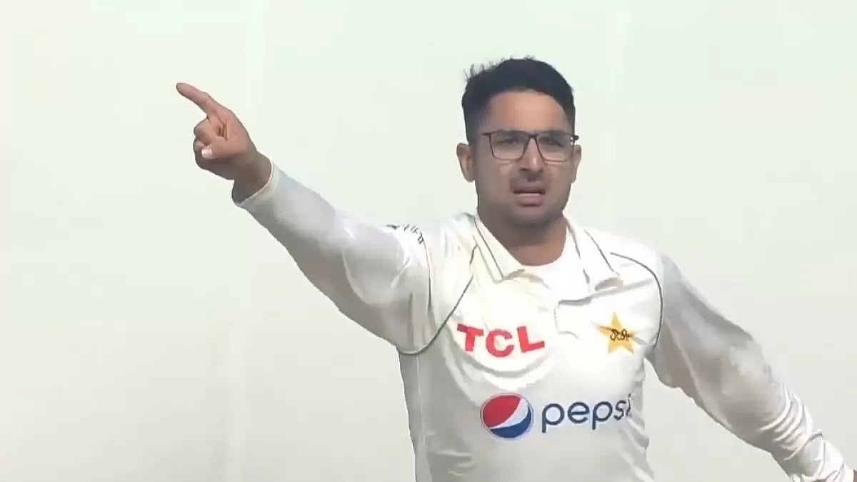 Abrar Ahmed celebrates after dismissing Zak Crawley on Sunday.