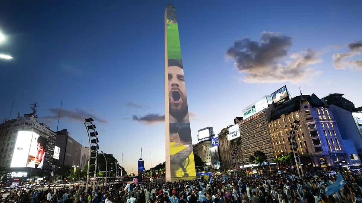 Argentine football fans gather at the Obelisk landmark in Buenos Aires.