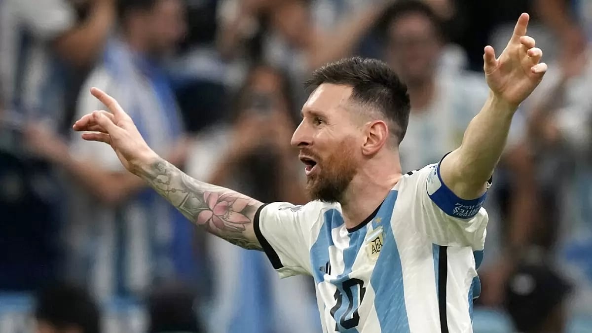 Messi celebrates after scoring the third goal of the match against France on Sunday.