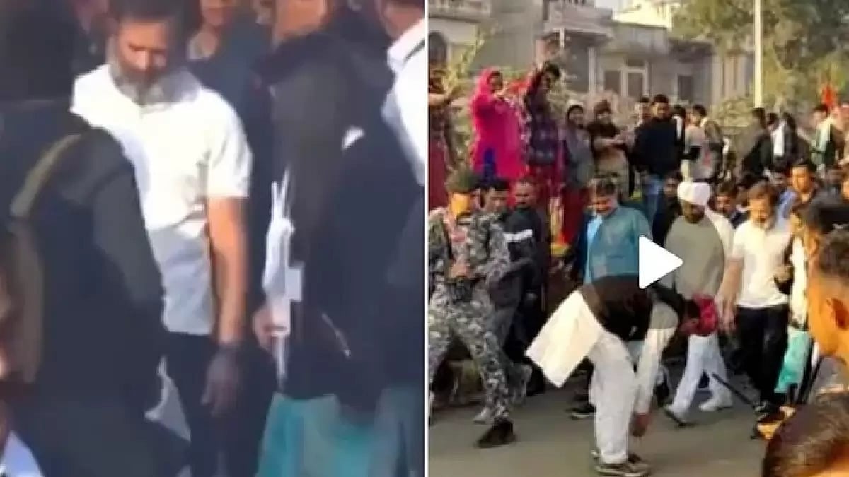 Still from Congress leader Jitendra Singh Alwar's tweet where he was seen tying his own shoelace