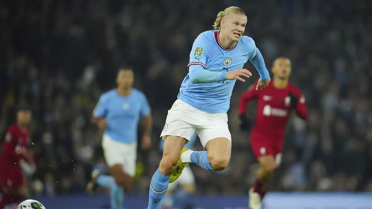 Manchester City's Haaland in action against Liverpool in the EFL Cup on Thursday.