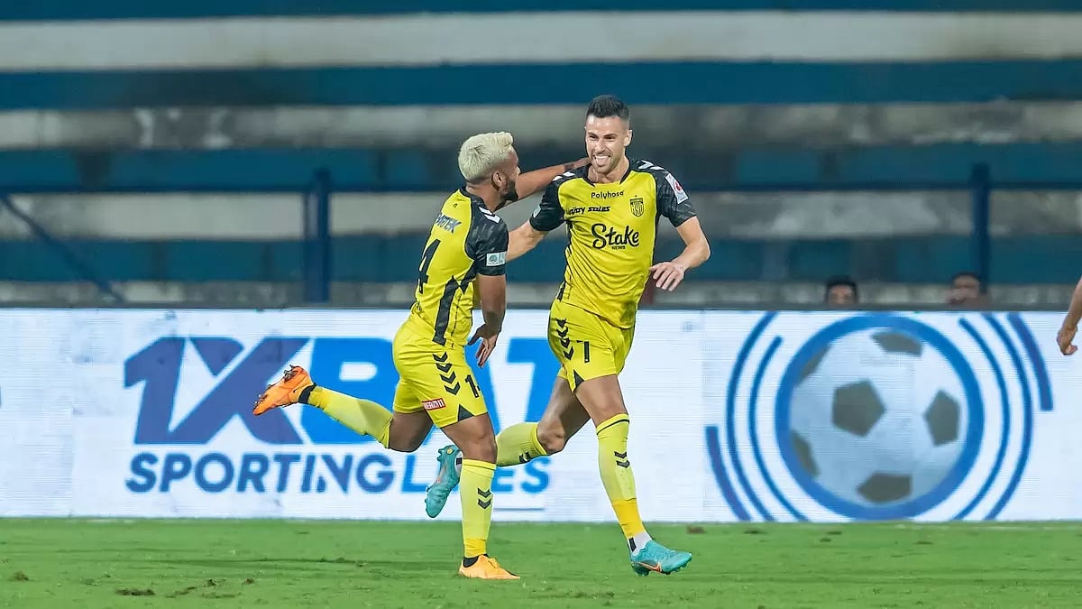 Joel Chianese celebrates with his teammate after scoring the third goal of the match against BFC.