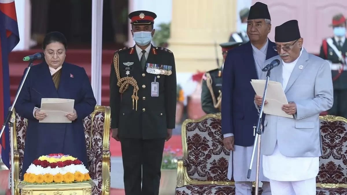 Nepali Maoist leader Pushpa Kamal Dahal 'Prachanda' being sworn in as Nepal's Prime Minister