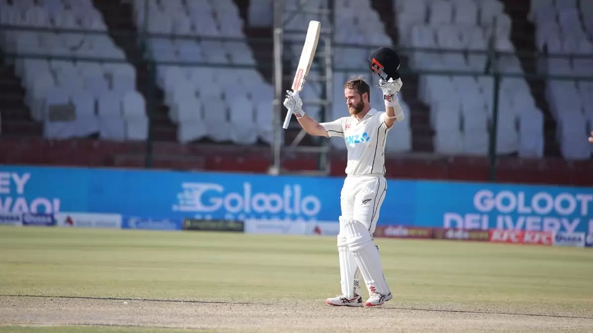 Williamson celebrates his double-century against Pakistan on Thursday.