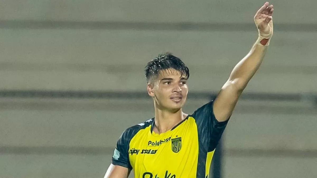 Siverio celebrates after scoring his second goal against NEUFC on Thursday.