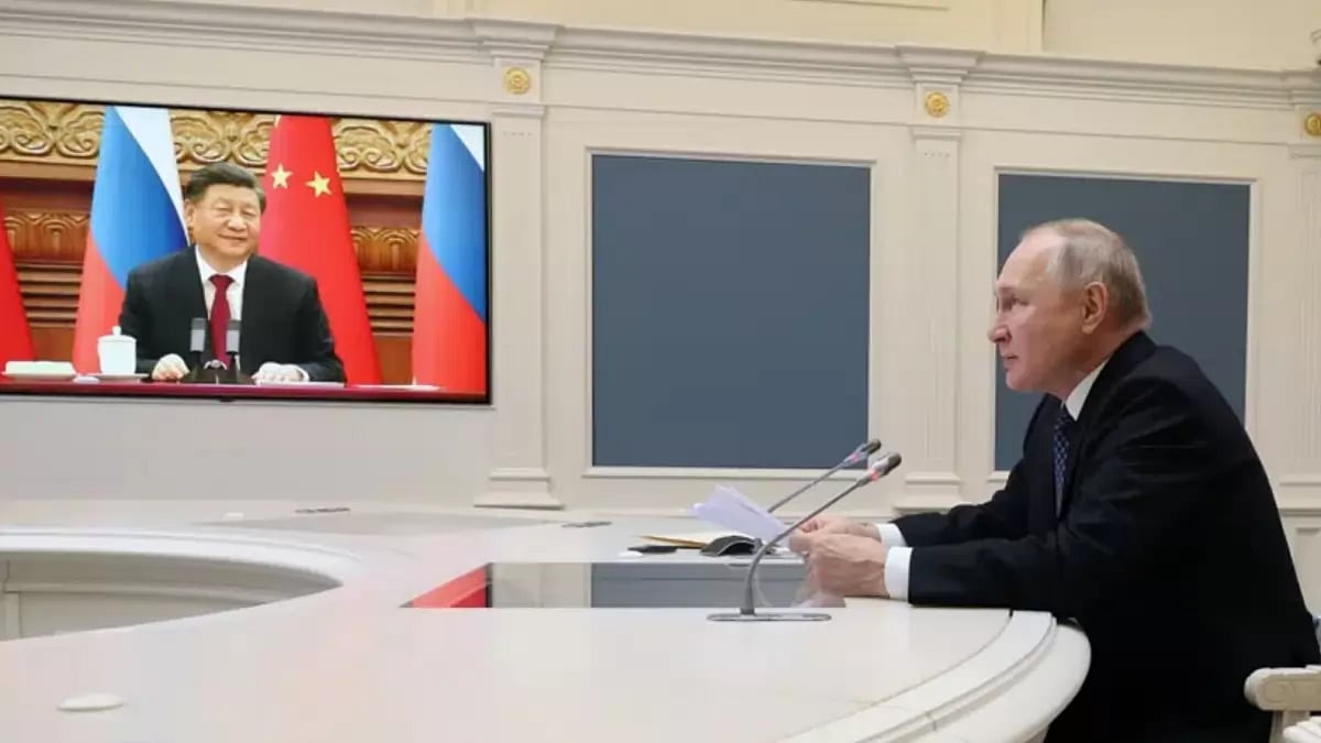 Russian President Vladimir Putin speaks during a meeting with Chinese President Xi Jinping