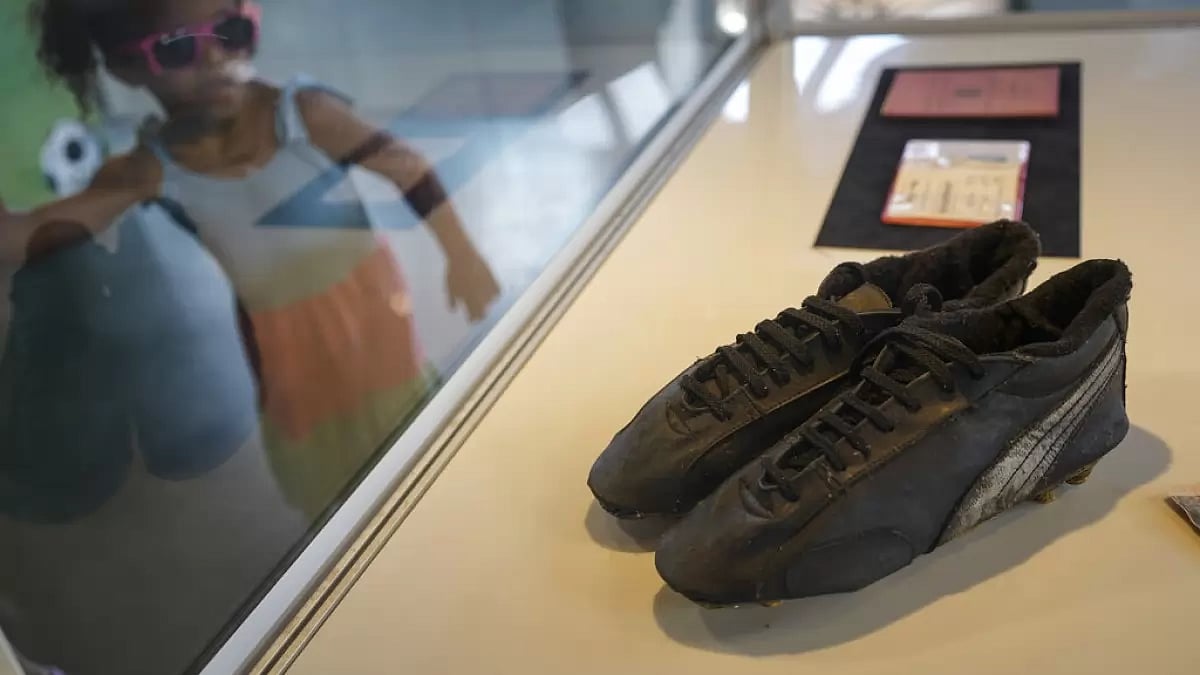 Pele's football shoes on display in a museum in Santos, Brazil.