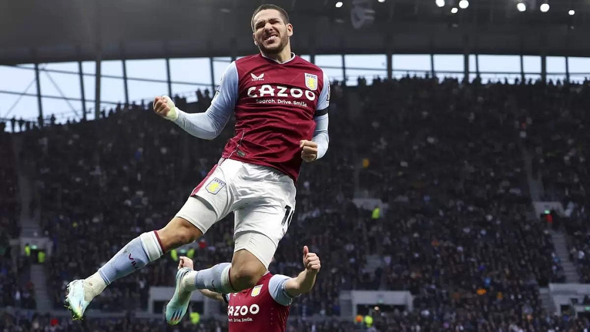 Emiliano Buendia celebrates after scoring Aston Villa's opening goal against Spurs on Sunday.