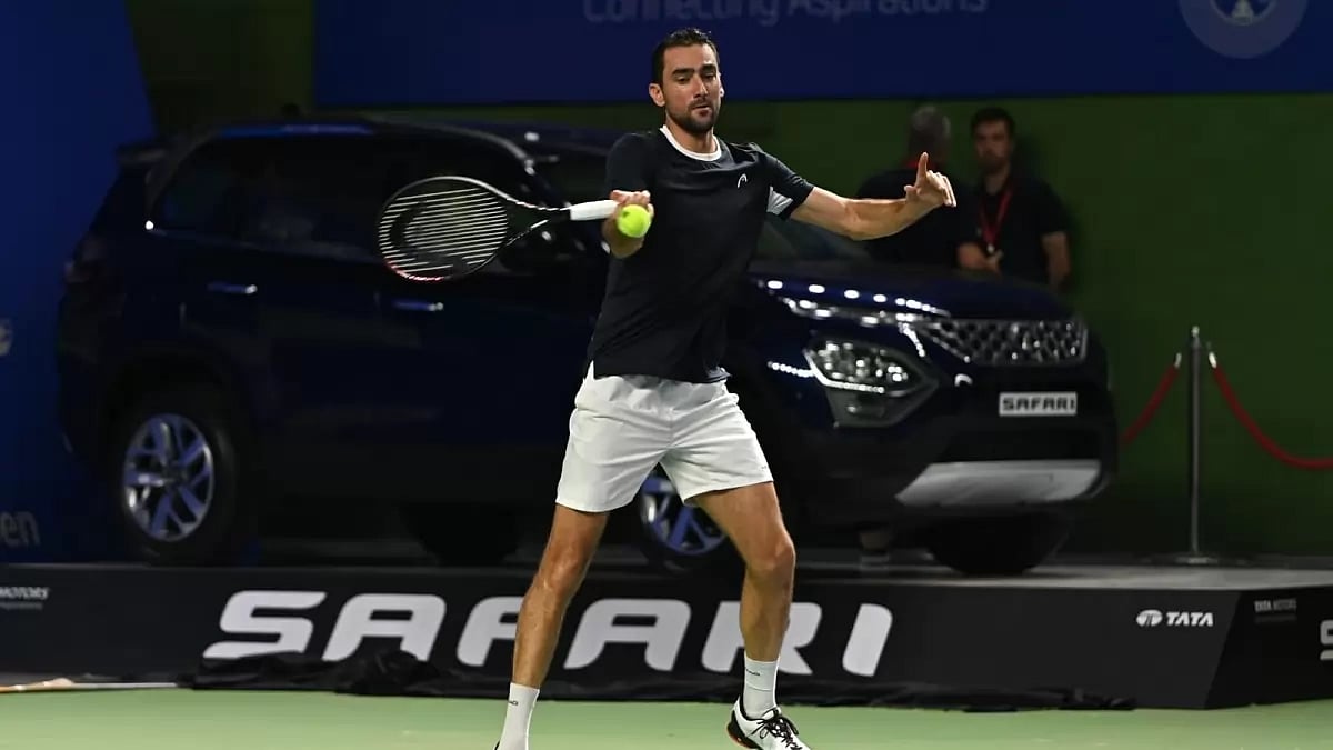 Marin Cilic practices at the Balewadi Sports Complex in Pune.