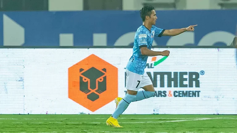 MCFC's Chhangte celebrates after scoring a goal against OFC on Monday. - PTI