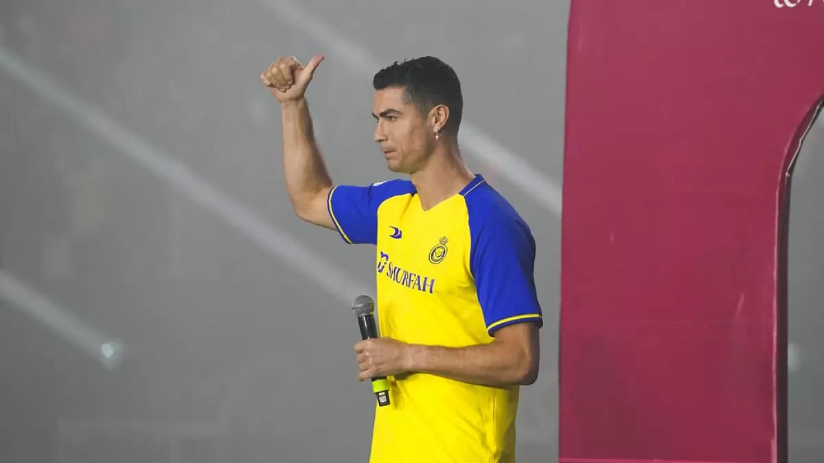 Ronaldo gestures during his unveiling as a member of the Al Nassr club in Riyadh.