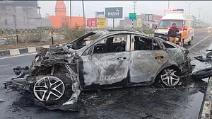 The charred remains of Rishabh Pant's Mercedes-AMG GLE43 Coupe.