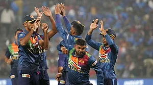 Sri Lanka players celebrate the wicket of Deepak Hooda on Thursday.