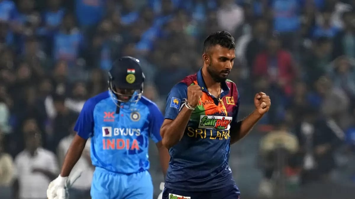 Dasun Shanaka celebrates the wicket of Axar Patel on Thursday.