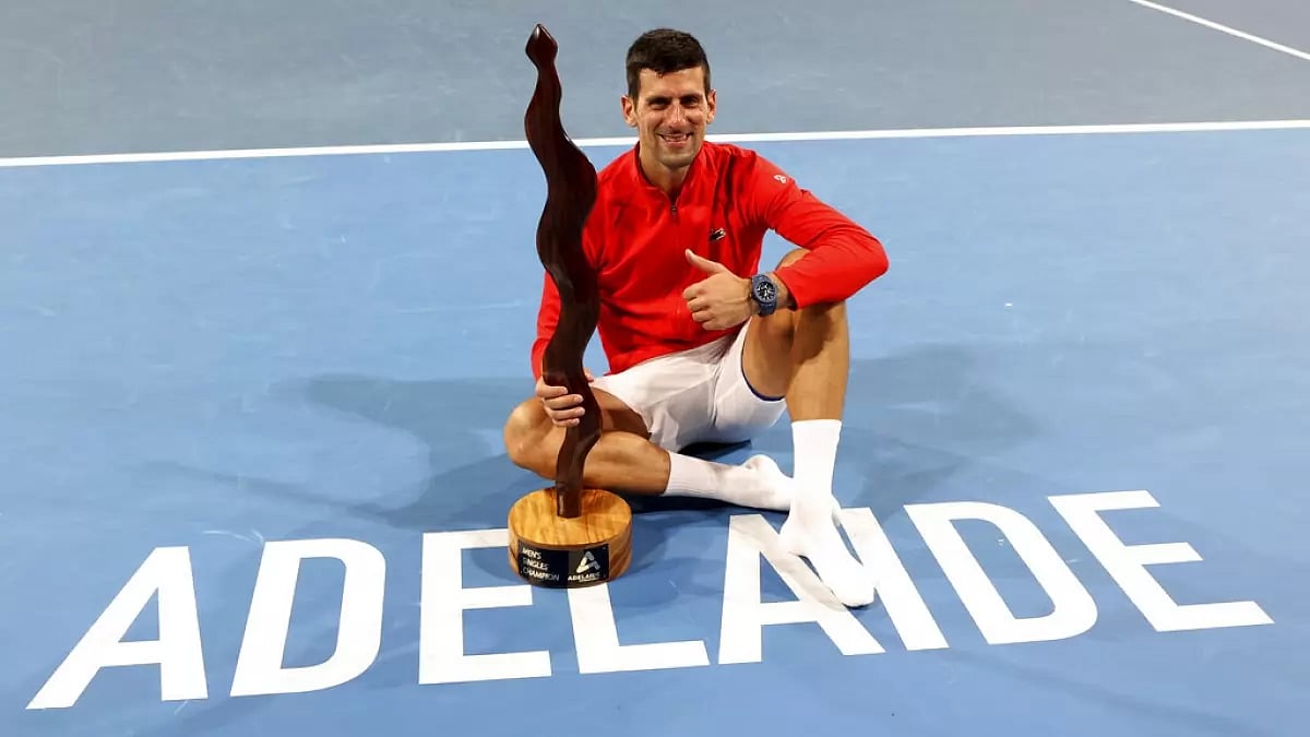 Djokovic celebrates after winning the Adelaide International men's title on Sunday.