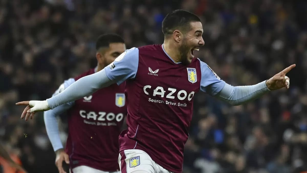 Emiliano Buendia celebrates after scoring his team's second goal against Leeds on Friday.