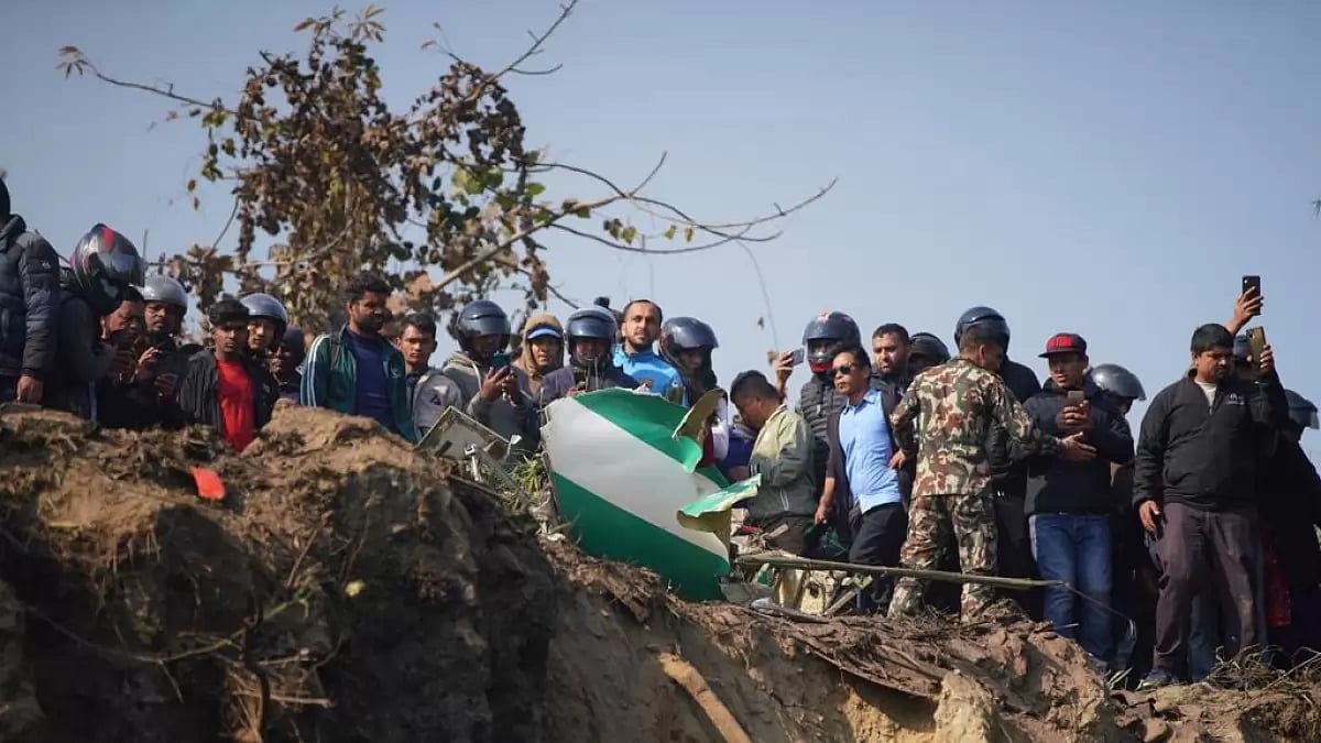 The site of crash in Nepal's Pokhara. Five Indians were among the 68 passengers. 
