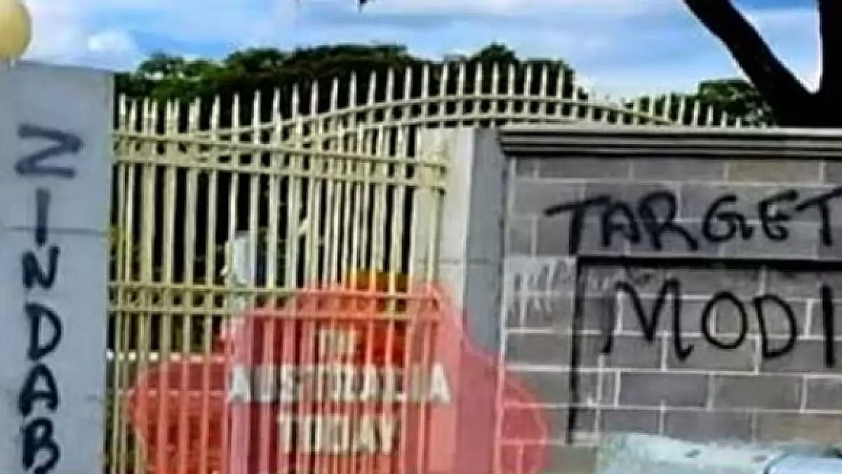 Anti-India graffiti on the walls of the Shri Shiva Vishnu Temple in Victoria