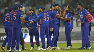 Indian players celebrate the wicket of Tom Latham in the 1st ODI on Wednesday.