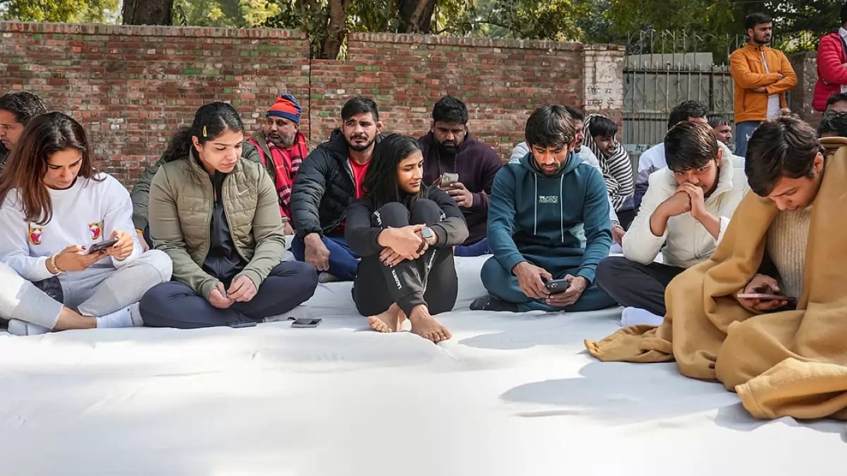 Prominent Indian wrestlers staging a strike against WFI President at Jantar Mantar in New Delhi.