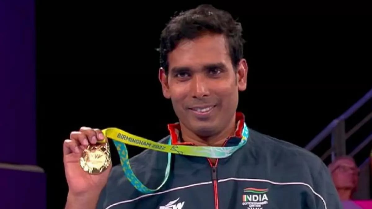 Sharath Kamal celebrates after winning his 4th singles medal at the 2022 Commonwealth Games.