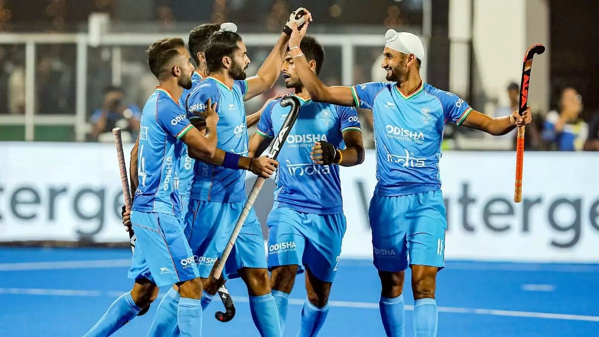 India players celebrate a goal against Wales in Bhubaneswar on Thursday.