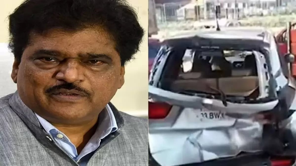 Deepak Sawant (left) and the truck-hit car (right)