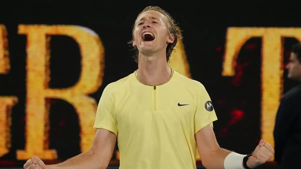 Sebastian Korda celebrates after defeating Medvedev on Friday. - null