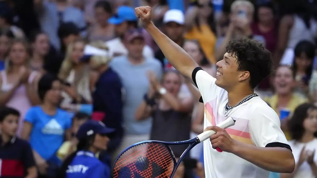 Ben Shelton celebrates after defeating compatriot JJ Wolf in Round 4 on Monday.