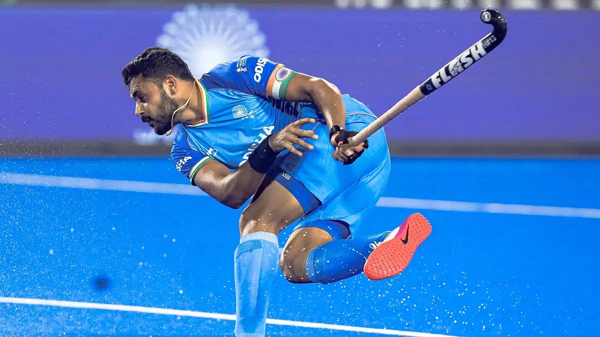 Harmanpreet Singh takes a shot against Japan in classification match on Thursday.