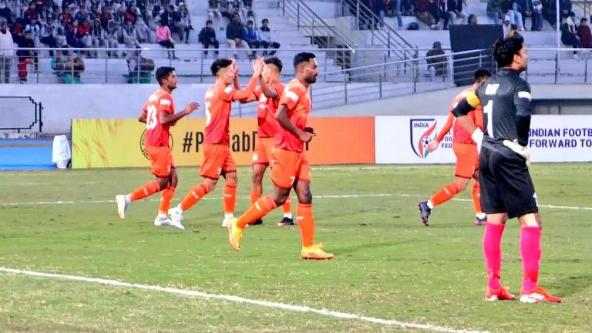 Punjab players celebrate their team's second goal against Real Kashmir on Friday.