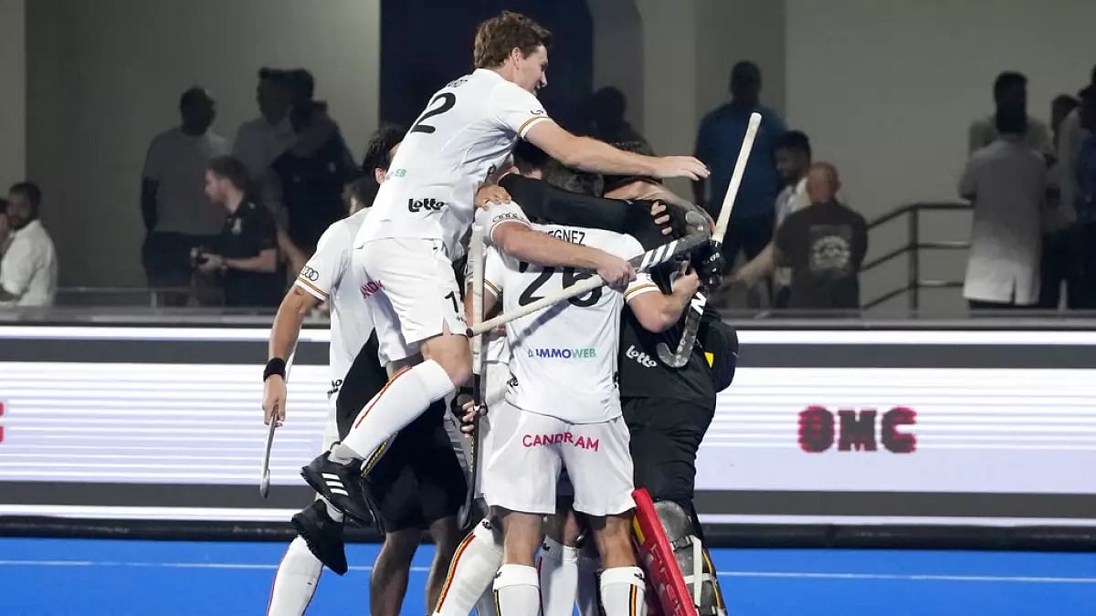 Belgium players celebrate their team's win over Netherlands in the semifinal on Friday.