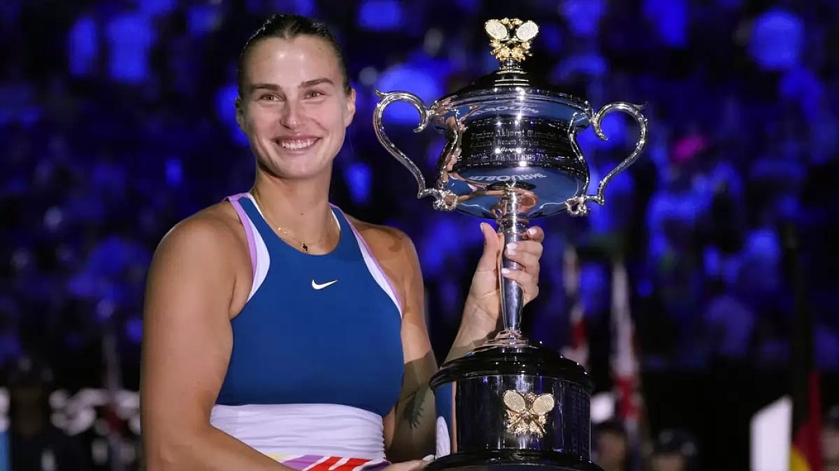 Sabalenka poses with the Australian Open trophy on Saturday.