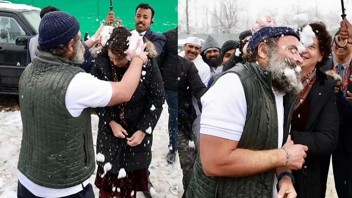 Congress leaders Rahul Gandhi and Priyanka Gandhi Vadra playing with snow in Srinagar