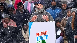 Congress leader Rahul Gandhi addresses a public rally at the end of party's 'Bharat Jodo Yatra', in