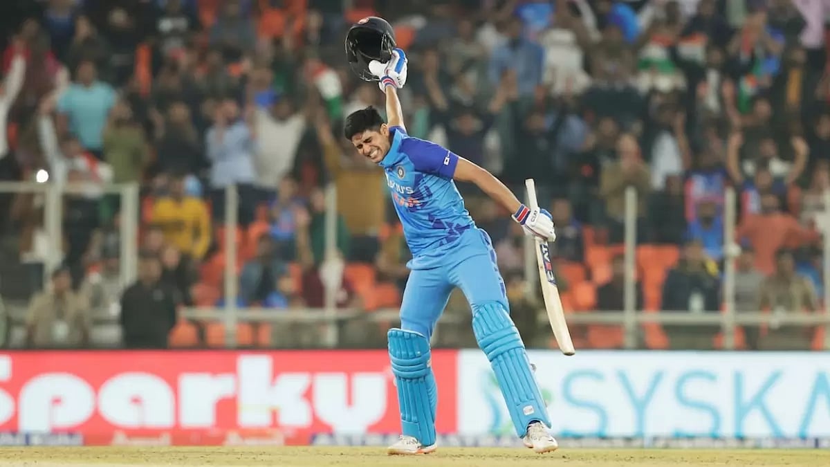 Gill celebrates after scoring his maiden T20I hundred against New Zealand on Wednesday.