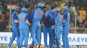 Indian players celebrate the wicket of Glenn Phillips in the 3rd T20I on Wednesday.