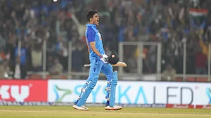 Shubman Gill celebrates after reaching his century in the 3rd T20I against NZ on Wednesday.