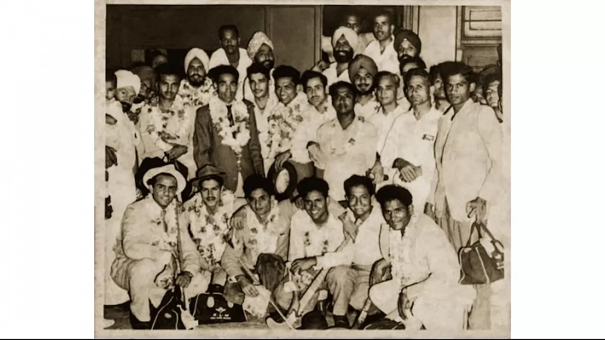 Captain K D Singh with his Team at Delhi Railway Station after winning Independent India's First Olympic Gold at the 1948 Olympics