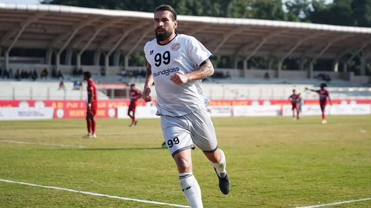 Luka Majcen celebrates after breaking the deadlock against Sudeva Delhi on Sunday.