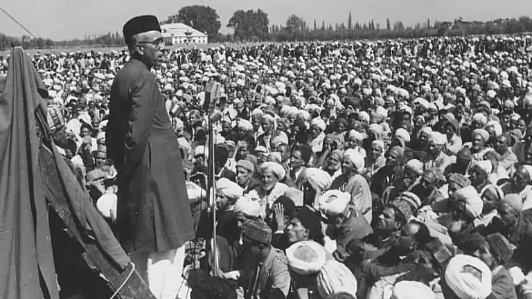Sheikh Abdullah addressing a gathering in Srinagar in 1949.  - null