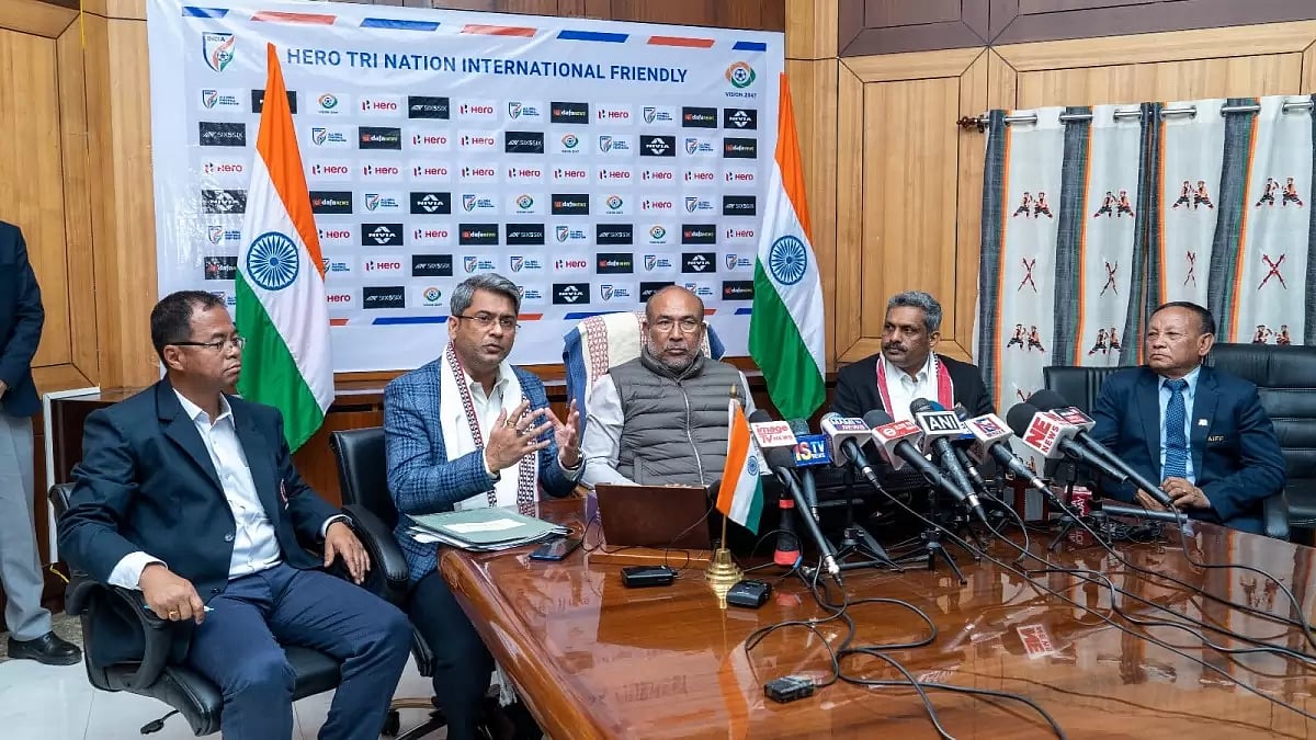 Dignitaries speak at a press conference in Manipur on Monday.