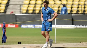 Cummins inspects the Nagpur pitch ahead of the 1st IND Vs AUS Test on Wednesday.
