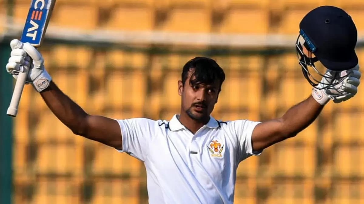 Agarwal celebrates after reaching his double-century against Saurashtra on Thursday.