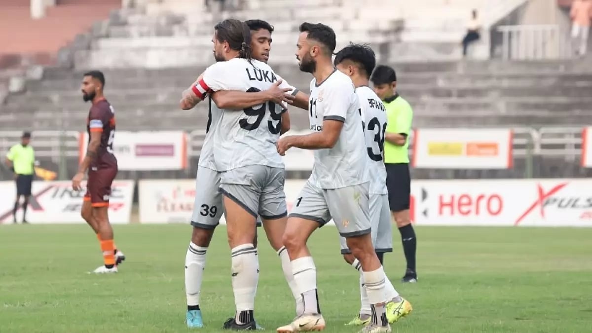 Luka Majcen celebrates with his team mates after scoring the second goal against GKFC on Thursday.